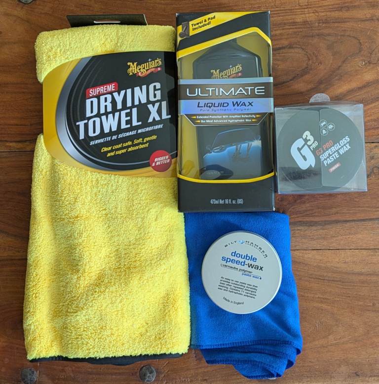 Meguiars: Ultimate Liquid Wax,XL Dry Towel/Bilt Hamber: Double Speed Wax/G3 Pro: Paste Wax (all new)