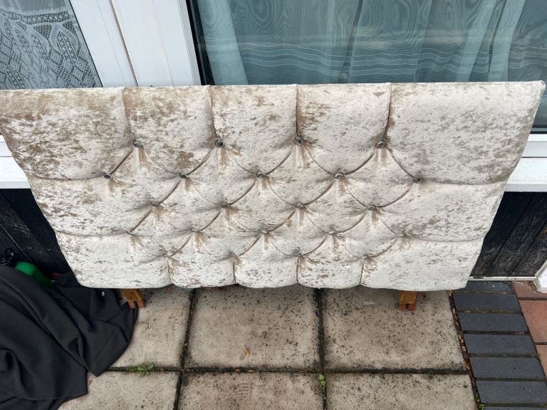 Crushed Velvet Tufted Headboard – Beige, Fair Condition