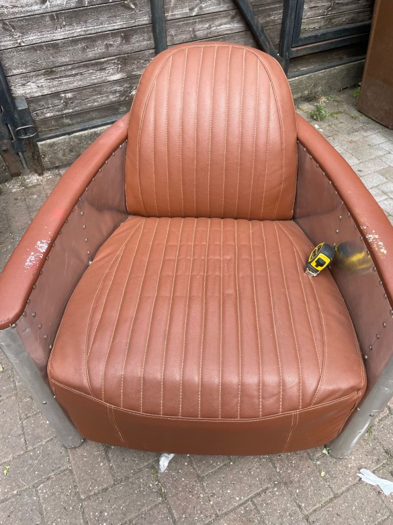 Aviator Style Armchair – Tan Leather & Aluminium, Fair Condition