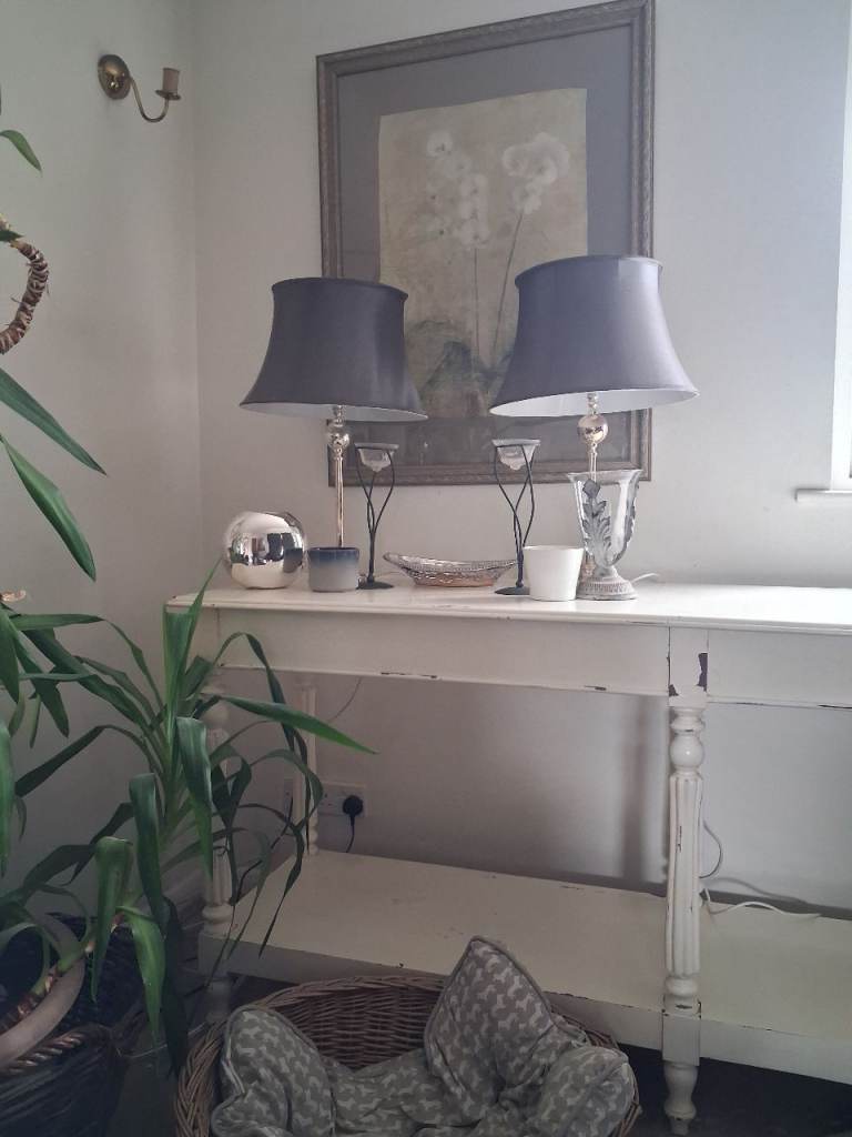 Decorative neutral grey home decor wooden framed phalaenopsis, lamps, silver plate vase and more