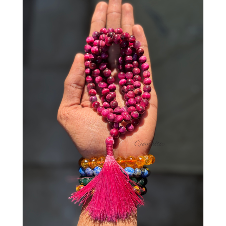 Pink Tiger Eye Jap Mala 108+1 Beads | Certified Natural Gemstone Prayer Mala Necklace | Meditation,