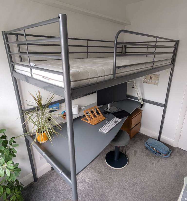 IKEA Svarta Loft Bed with Desk & Mattress - Grey Metal, Good Condition