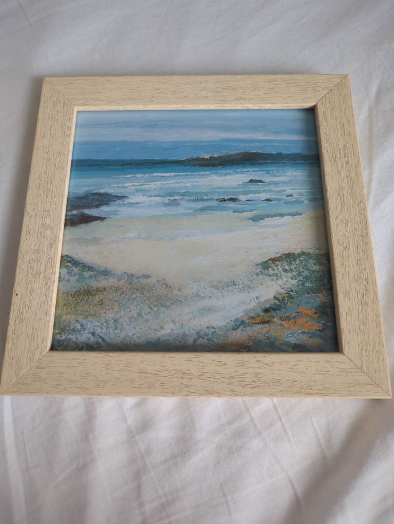 Framed Coastal Beach Painting – Blue & Sand Tones
