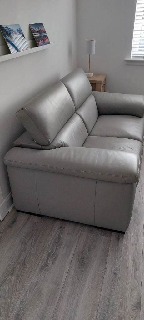 Grey Leather 2-Seater Sofa and Armchair with Footstool – Immaculate Condition