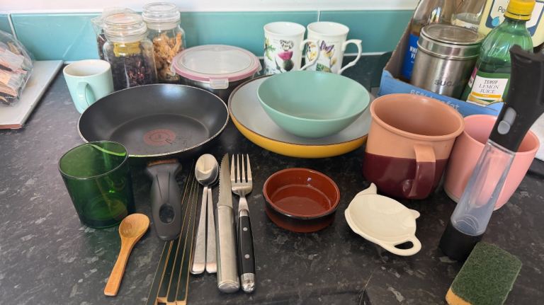 Kitchen utensils mugs pan bowl plate etc all shown in the picture 