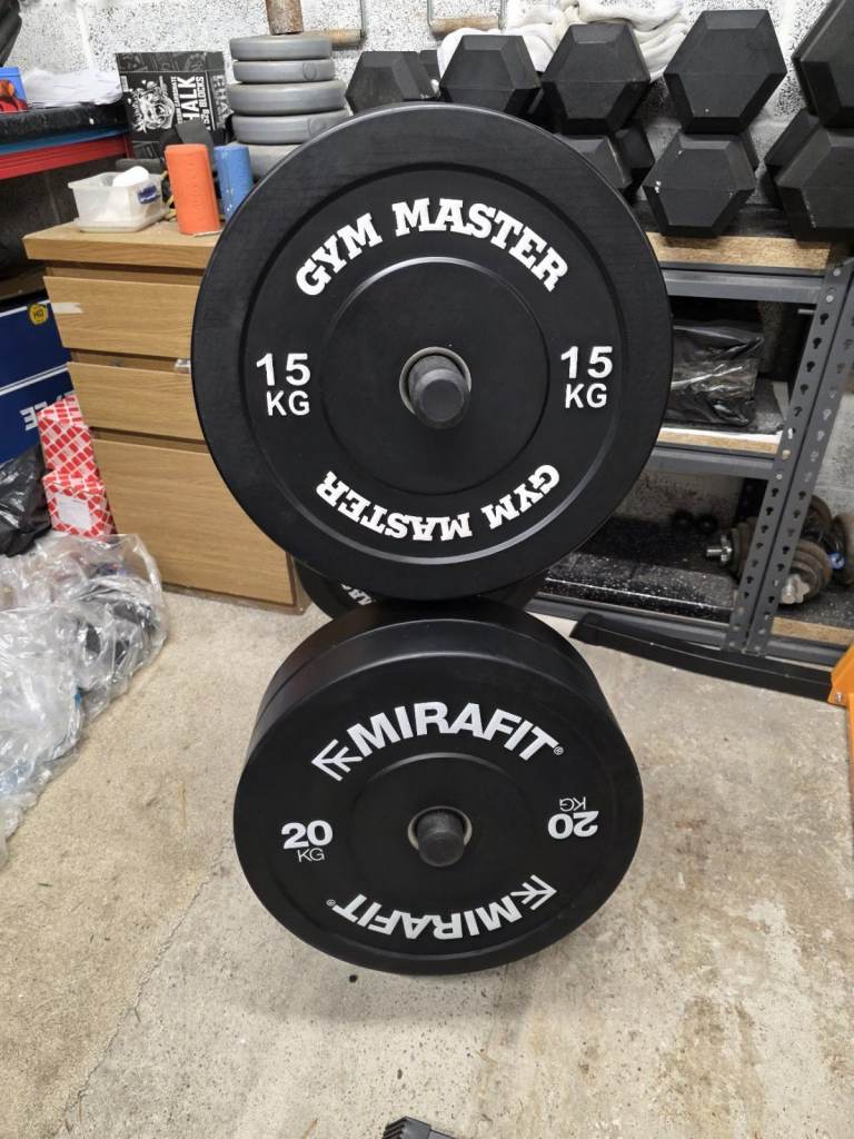 100kg Olympic 2 inch bumper plate set + weight plate tree (Mirafit / Gym Master)