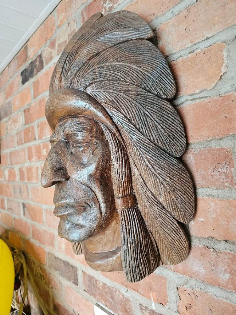 Hand-Carved Wooden Native American Chief Wall Art