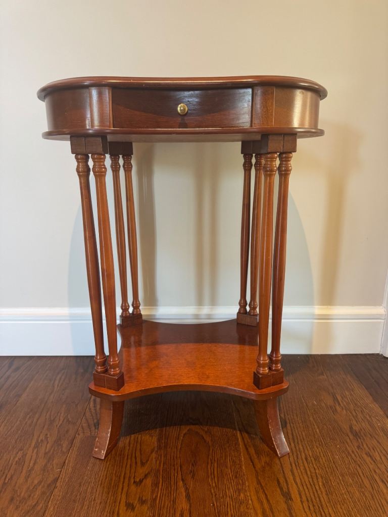 Wooden Oval Side Table with Drawer and Shelf – Good Condition