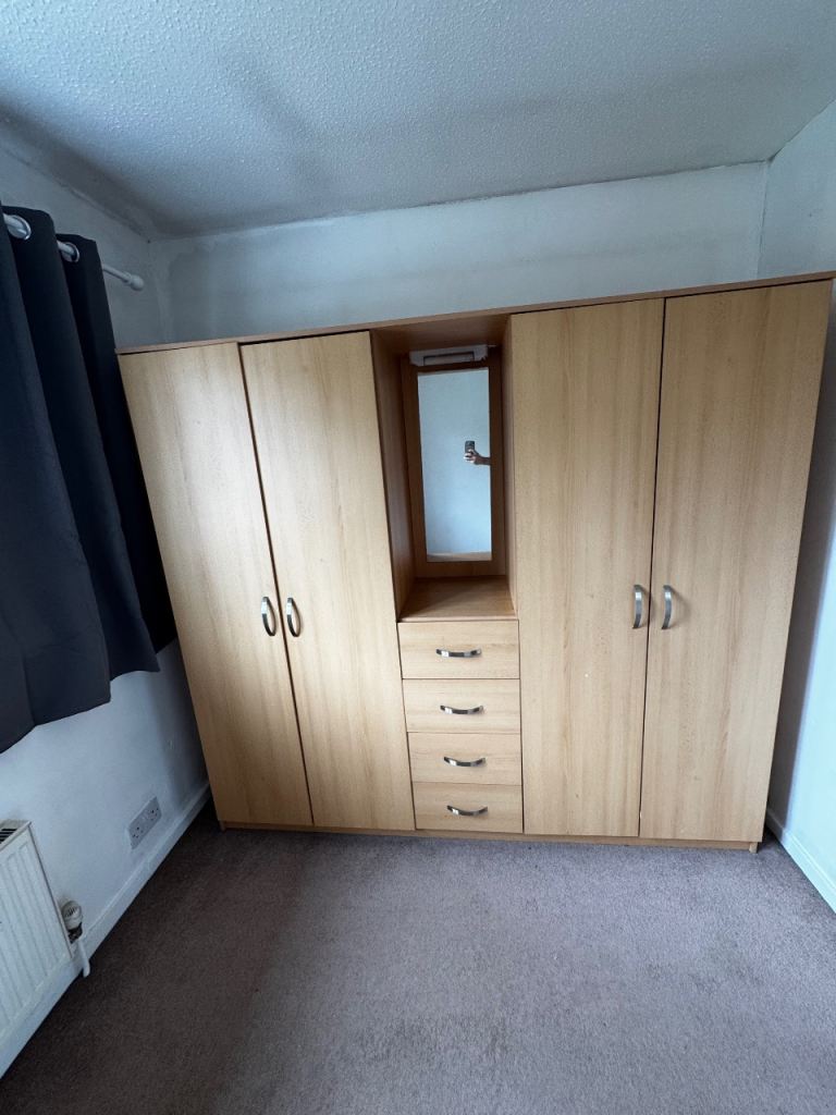 Large Wooden Wardrobe with Mirror and Drawers