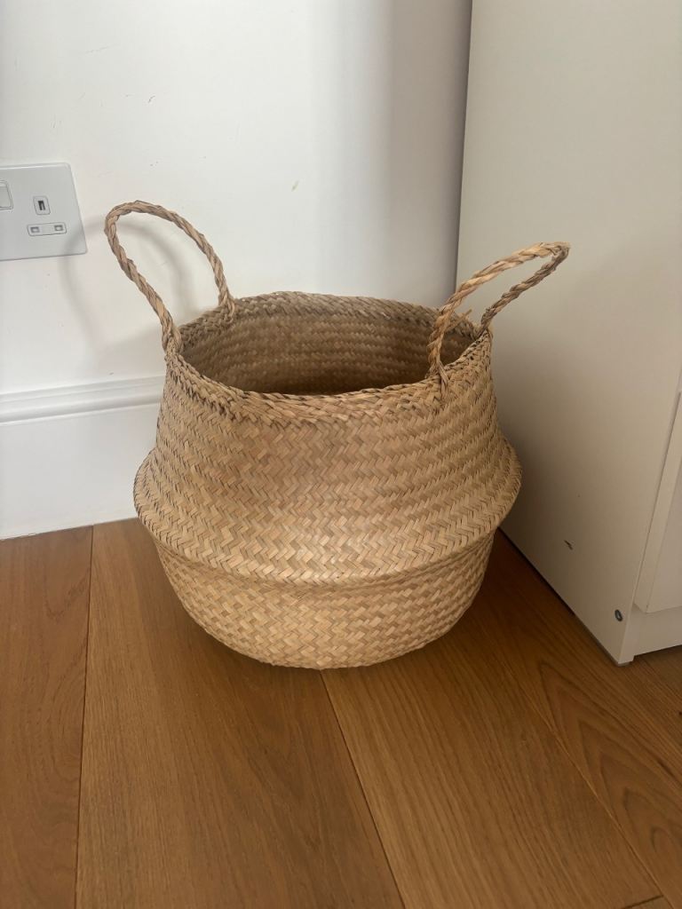Woven Rattan Storage Basket with Handles – Good Condition