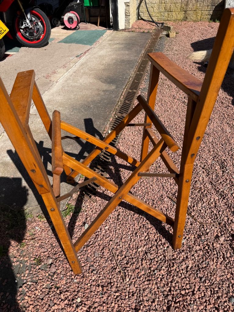 Old directors chair frame c. 1940’s. Had been varnished. Needs seat/back. OFFERS ACCEPTED 