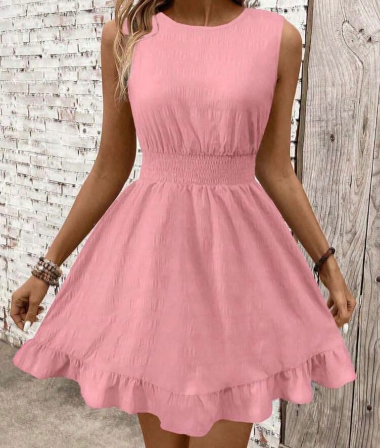 New Size Medium, Will Fit Size 12 & 14 Pink Dress with Shirred Waist, Elasticated Waist, Stretchy 