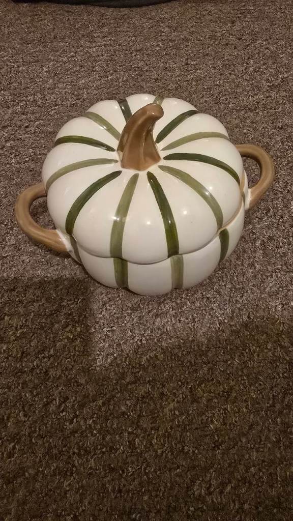 Ceramic Pumpkin Casserole Dish – White & Green, New