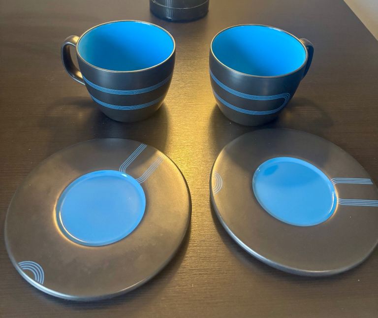 Stylish Ceramic Coffee Cups and Saucers - Black and Blue