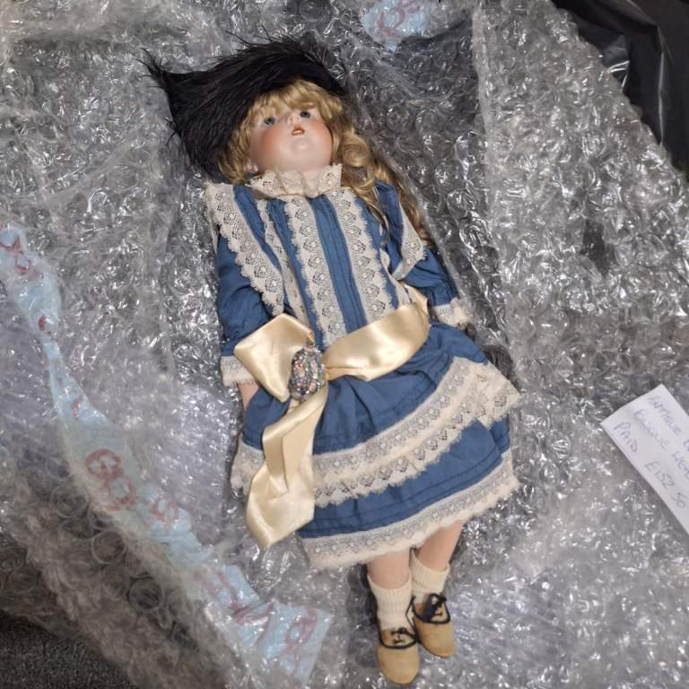 Vintage Porcelain Doll – Blue Dress, Good Condition