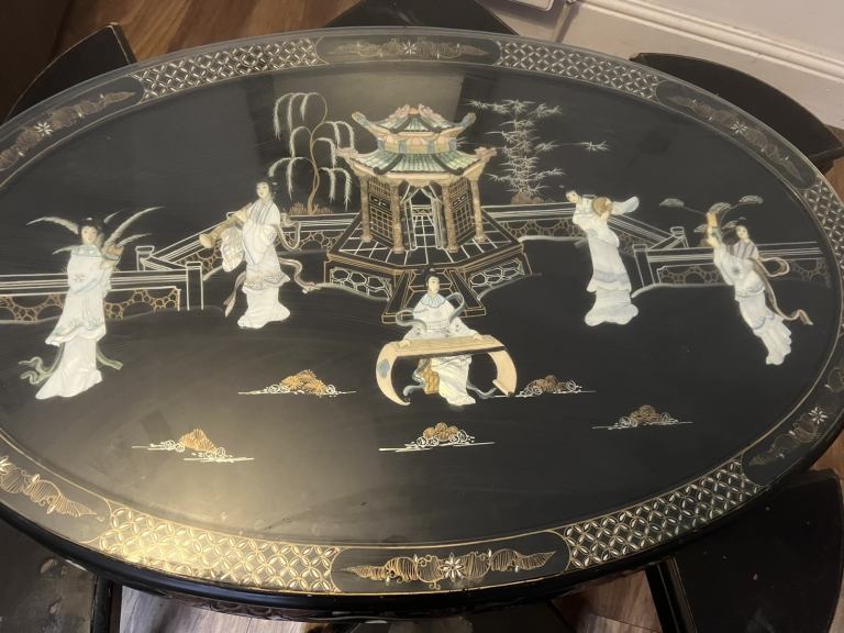 Japanese Style Black Lacquer Mother of Pearl Table with Nest of Chairs