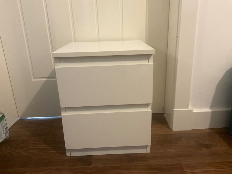 2 x Small Bedside Cabinets, Drawer Fronts Gloss White. (1 built, 1 in box)