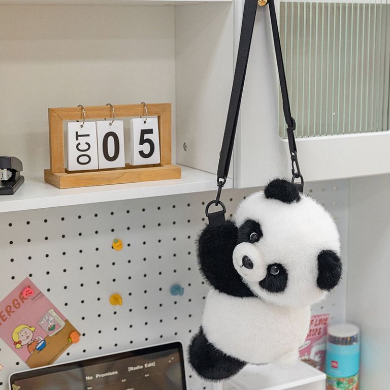Cute Panda Plush Crossbody Bag Hanging on Desk Shelf