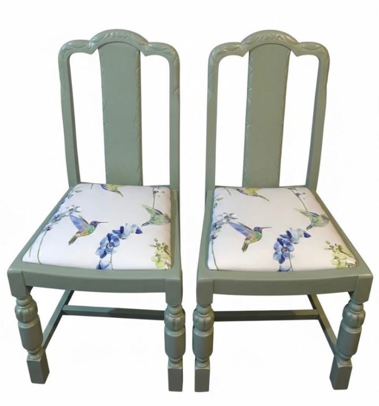 Pair of Light Green Wooden Chairs with Bird Print Cushions