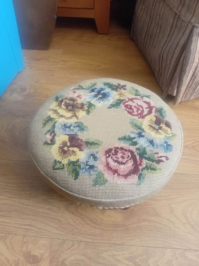 Vintage Needlepoint Footstool – Floral Design, Good Condition