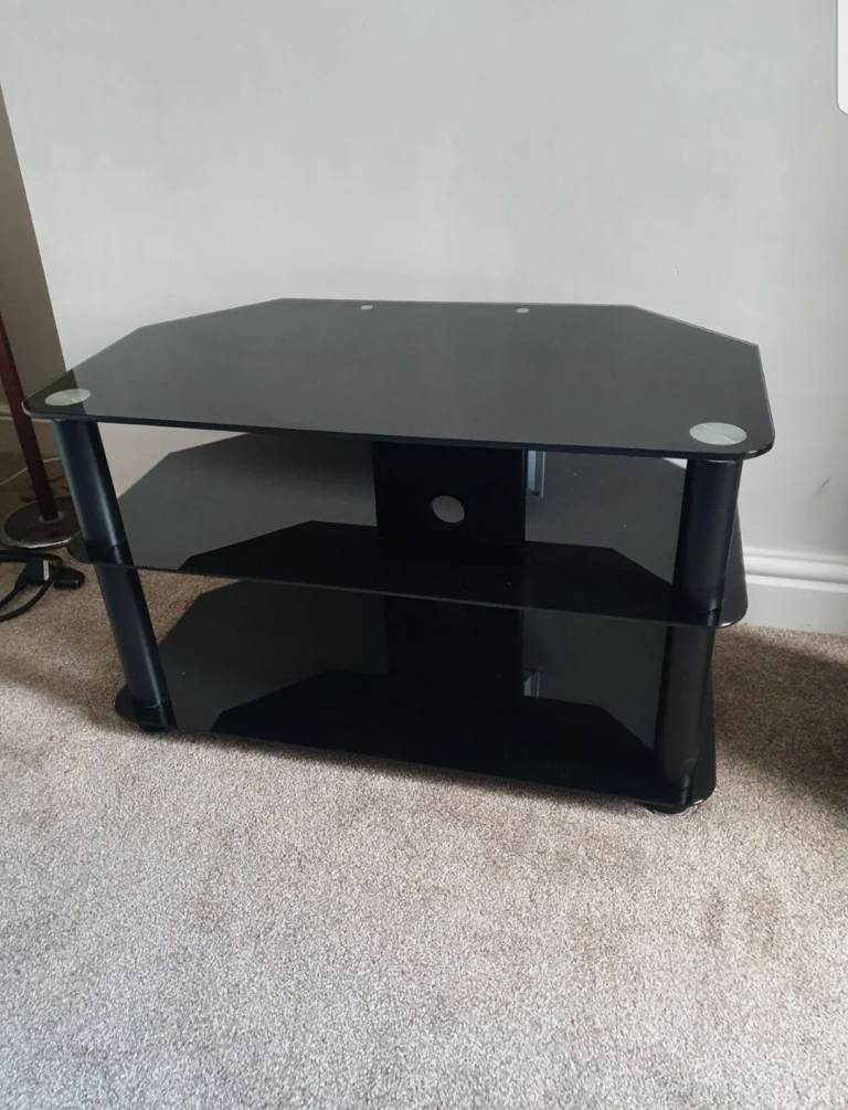 Black Glass TV Stand with Two Shelves – Good Condition