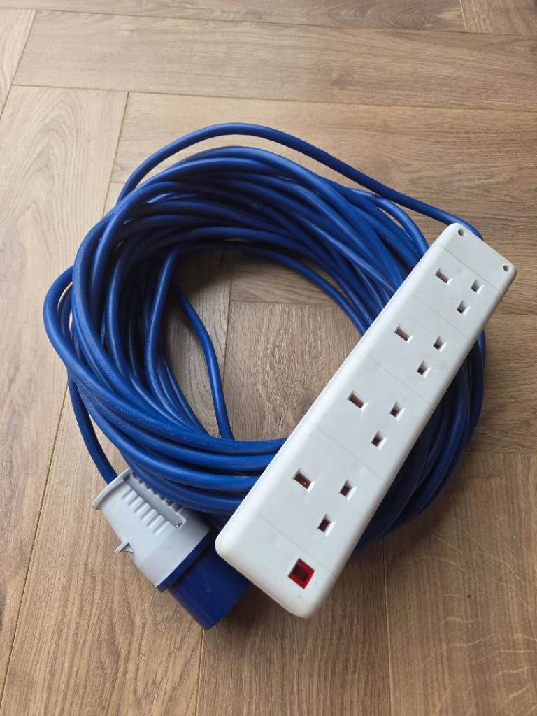 Long Blue Caravan Mains Hook Up Cable with Extension