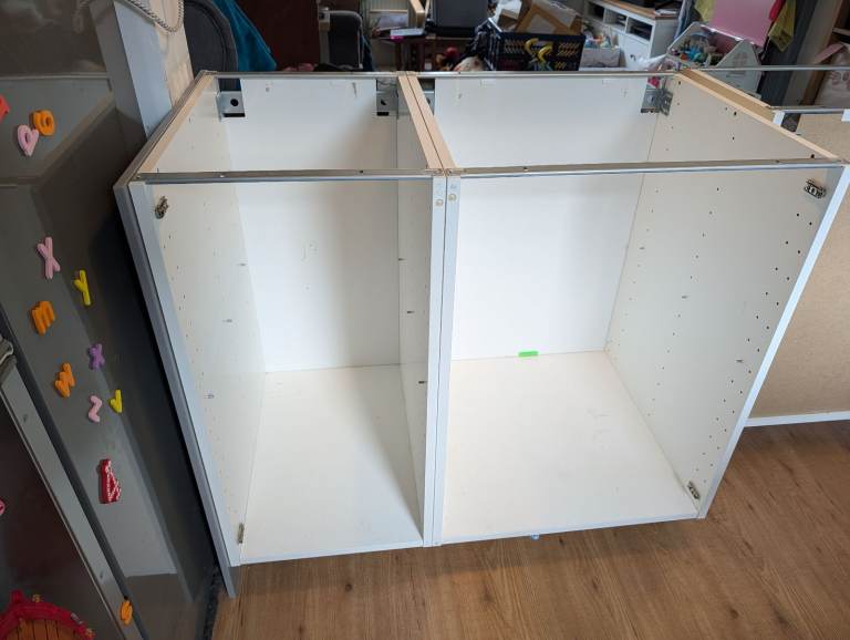 White Kitchen Base Units with Shelves and Doors (no handles) – Good Condition