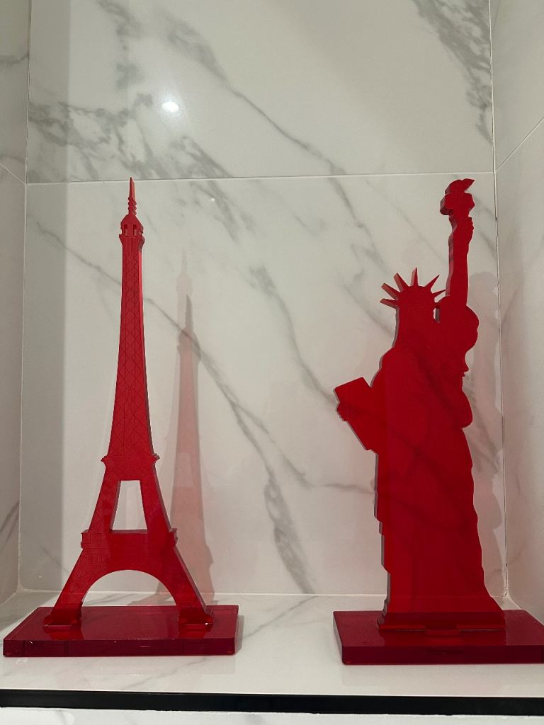 Pair of Red Acrylic Pop Art Sculptures – Eiffel Tower & Statue of Liberty