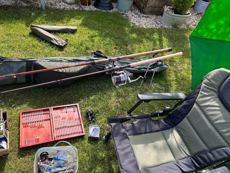 Coarse fishing kit, rods, reels, seat tackle bag, rod bag, umbrella, tackle, landing net.