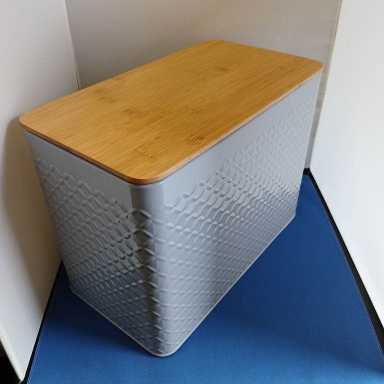 Grey metal bread bin