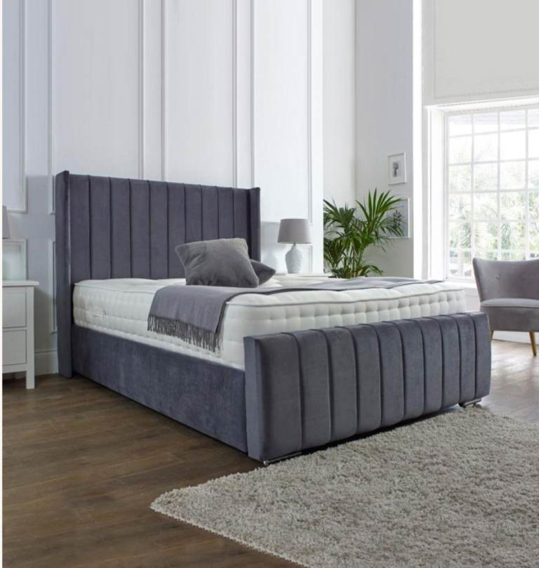image for Grey Velvet Double Ottoman Winged Headboard. Storage bed. Brand new boxed unopened. RRP £399