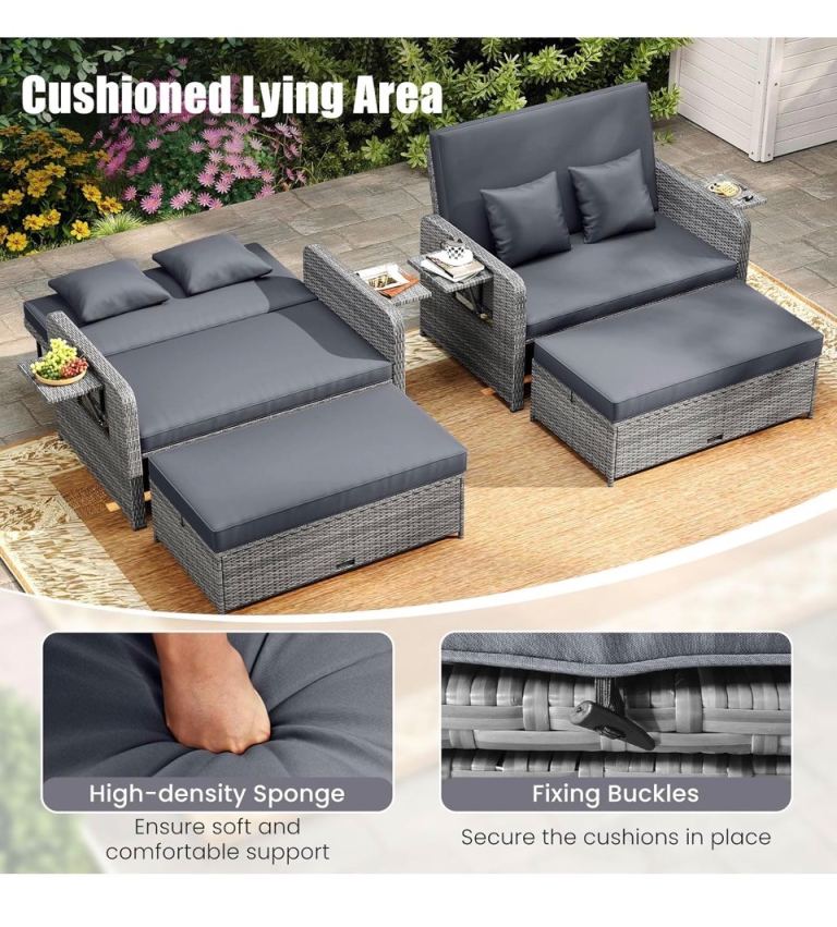 New in box Outdoor Rattan Sofa Bed with Ottomans – Grey