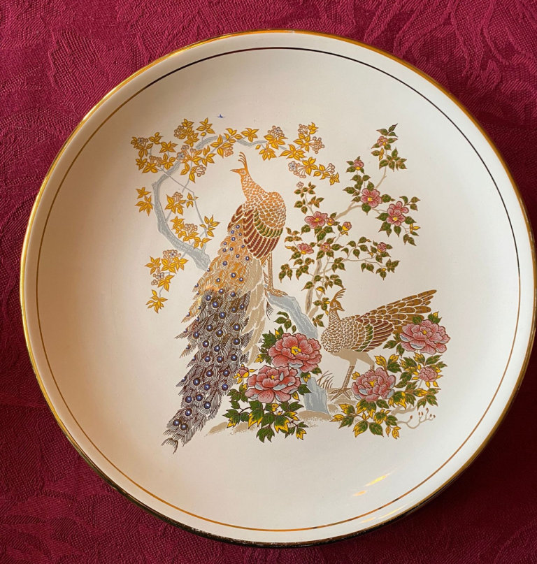 Peacocks & Flowers Pretty Gold Rimmed Plate Handmade in Greece 24K Gold. 23cm / 9 inch diameter
