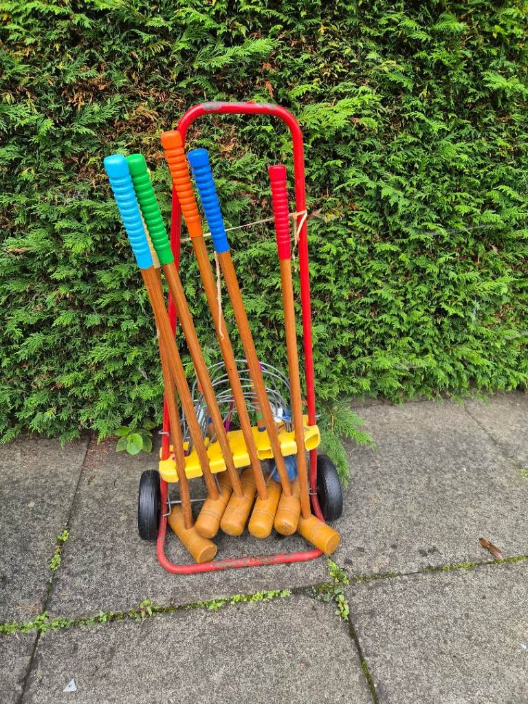 Multicoloured Wooden Kids Croquet Set with Red Trolley