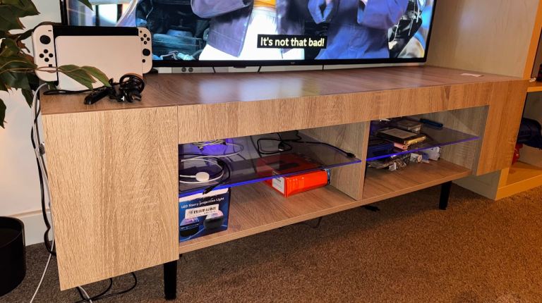Wooden TV Unit / Media Stand with Glass Shelves – Good Condition