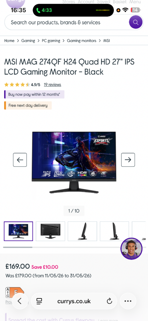 MSI MAG 274QF X24 Quad HD 27" IPS LCD Gaming Monitor - Black