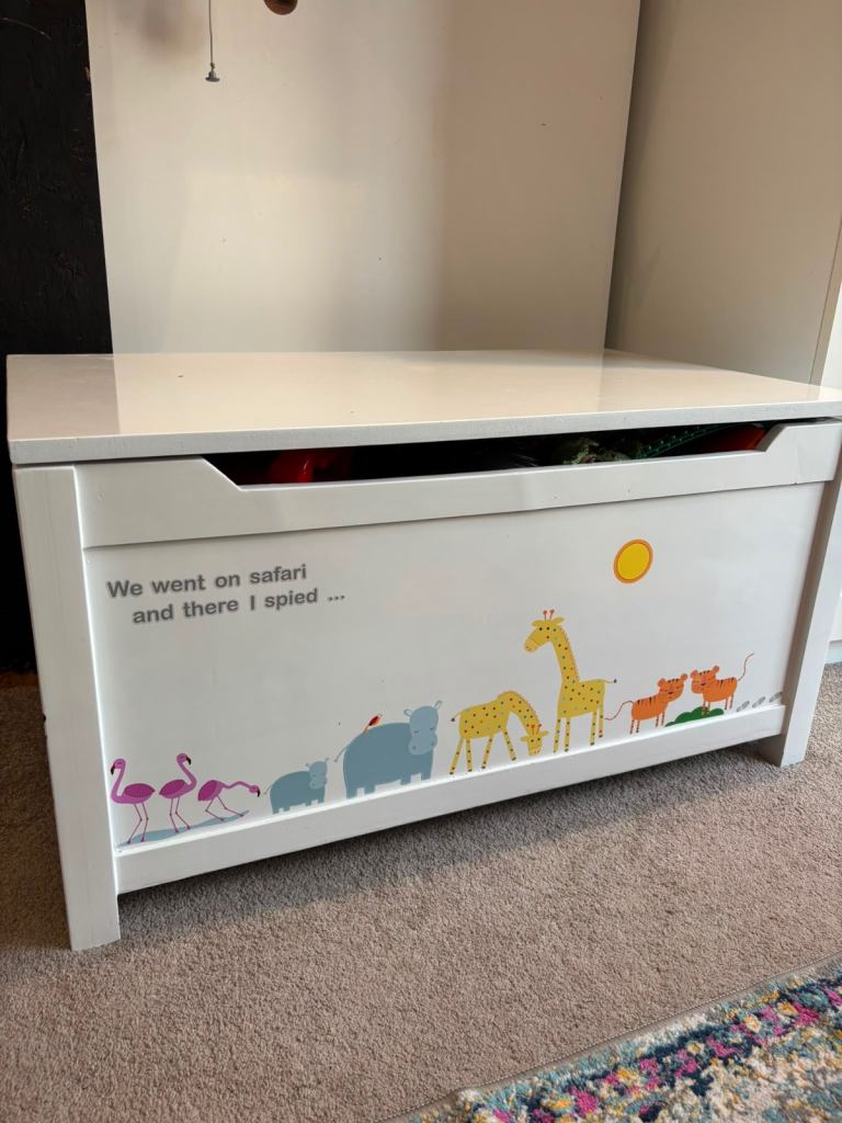 White Wooden Toy Box with Safari Animals Decoration – Good Condition