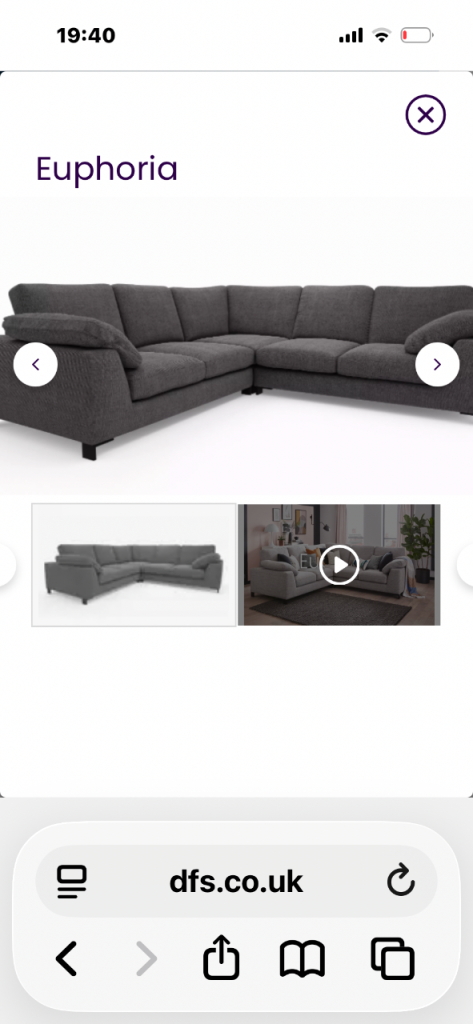 DFS Euphoria Corner Sofa and Chaise Footstool - Grey Fabric