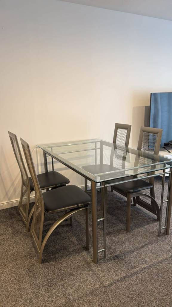 Glass & Metal Dining Table and 4 Chairs