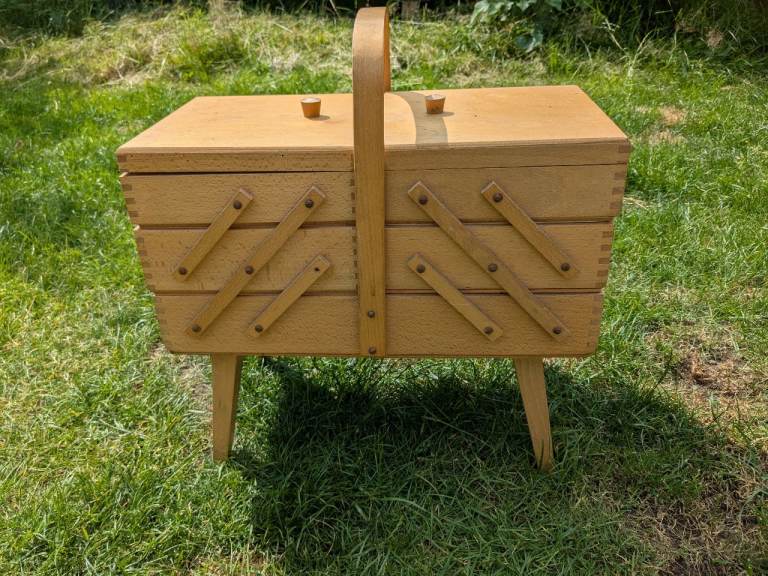 Vintage Wooden Cantilever Three Tiered Sewing Box 