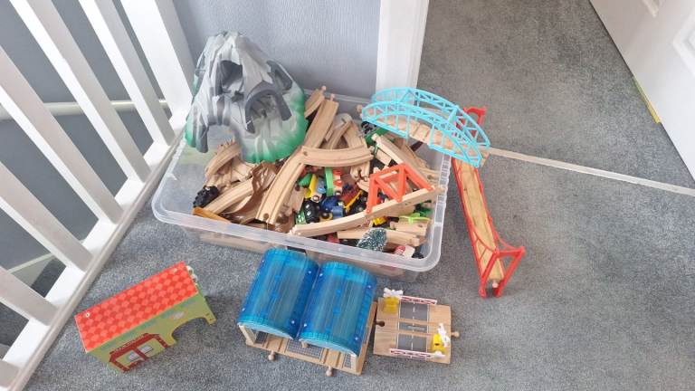 Large Wooden Train Set with Tracks, Bridges, and Accessories