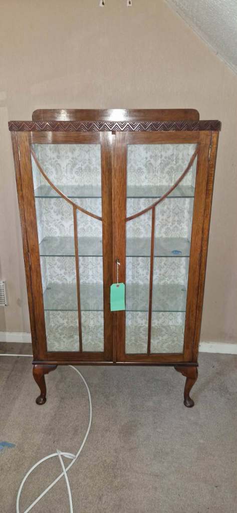 Vintage Wooden Display Cabinet with Glass Shelves – Good Condition