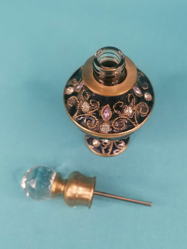 4-inch Vintage Enamel Glass and Crystals Perfume Scent Dressing Table Bottle.