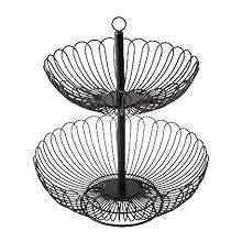 Chefarone 2-tier Fruit Bowl Large Basket Vegetables Vintage Style Stand Black Countertop Metal Bowls