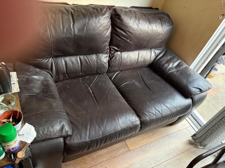 Dark Brown Leather Two-Seater Sofa – Fair Condition, Some Wear