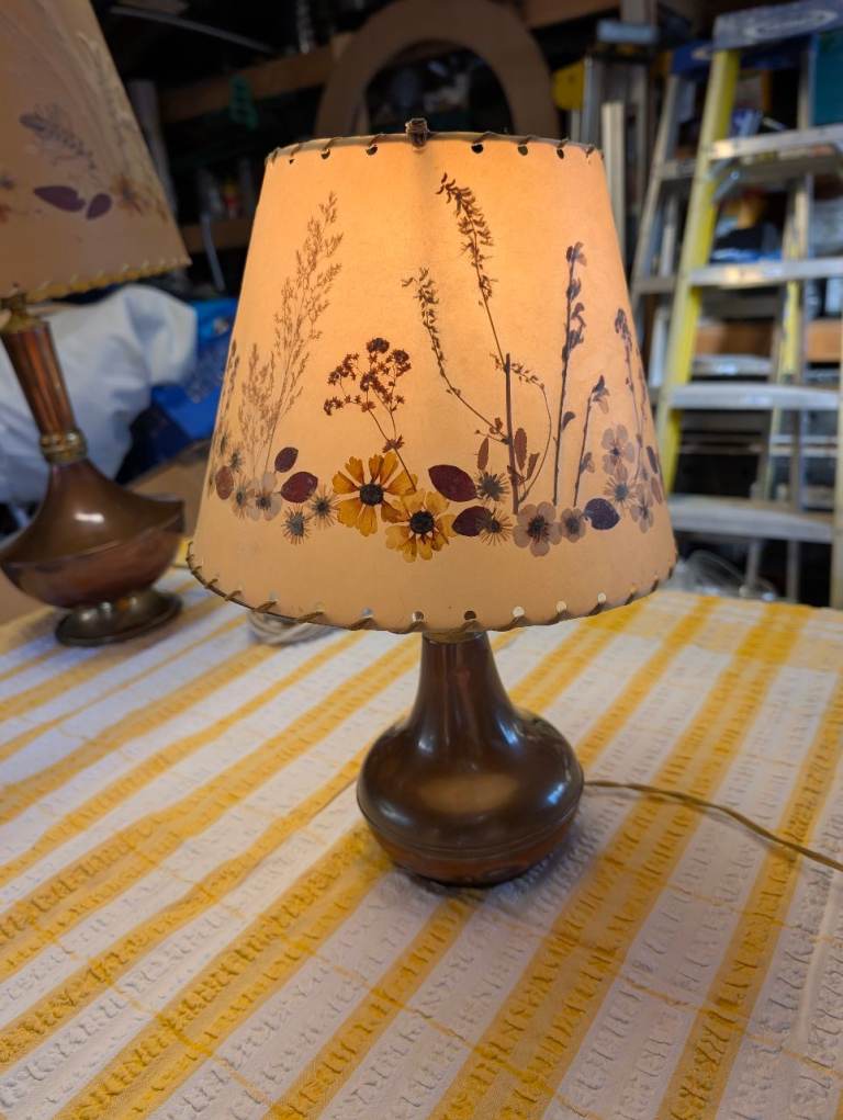 Vintage Copper Table Lamp with Floral Hand Pressed Shade 