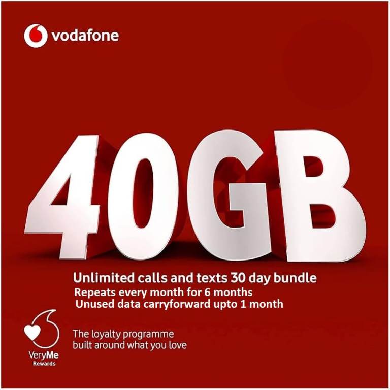 Vodafone 6 month Prepaid SIM card 40GB data/month Unlimited mins and texts