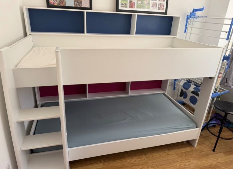White Bunk Bed with Shelves (mattresses included) – Excellent Condition