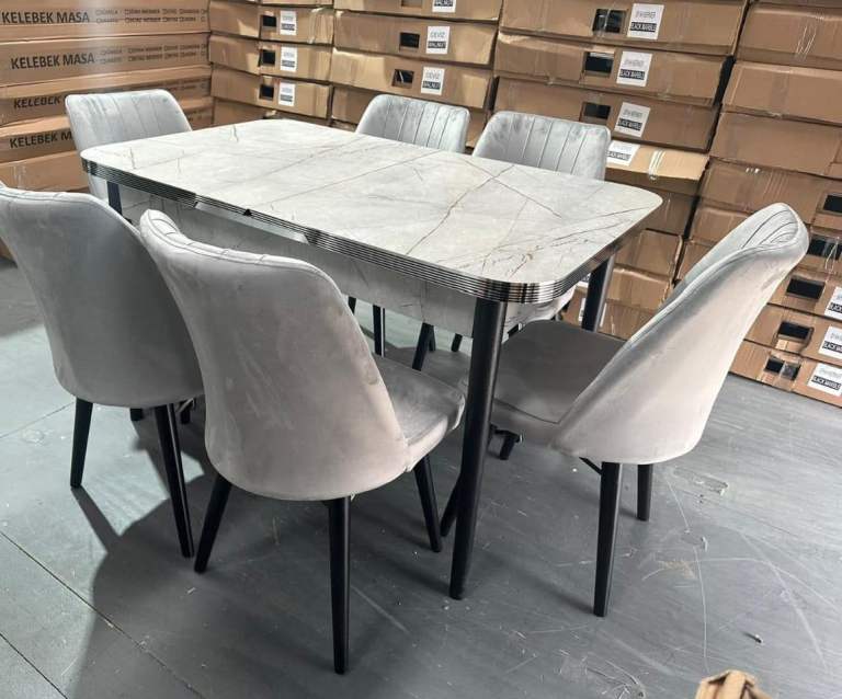 Modern Grey Extendable Dining Table Set with 6 Chairs – Fast Delivery