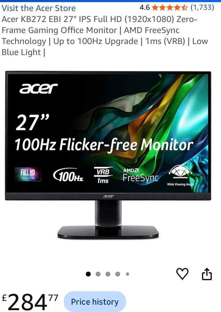 Acer 27" Full HD Monitor (KB272) - Very Good Condition